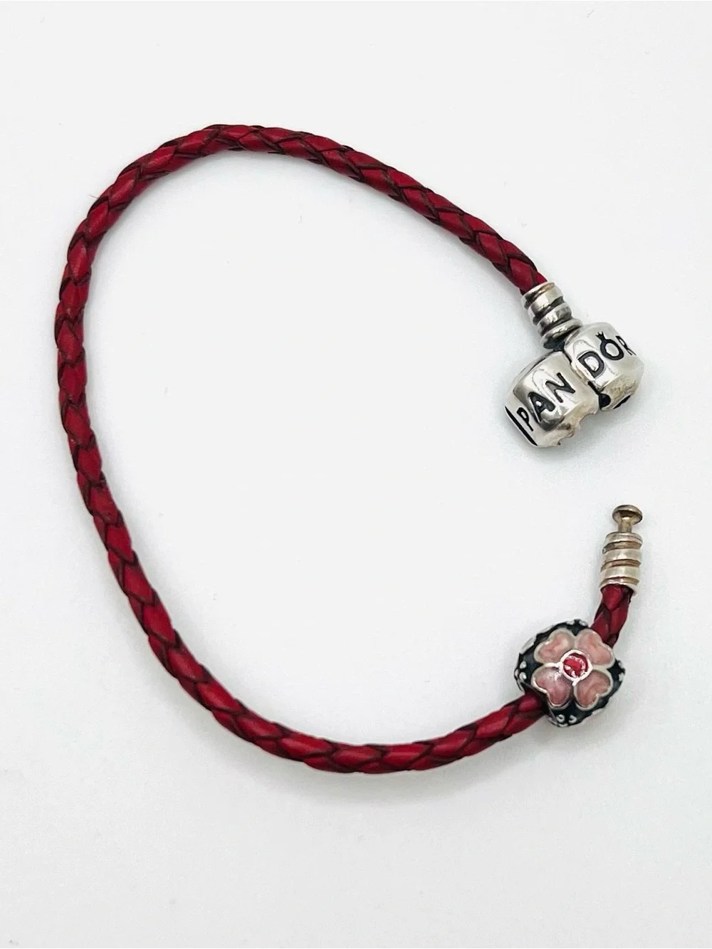 Pandora Moments Dark Pink Burgundy Braided Leather Bracelet w/Flower Bead